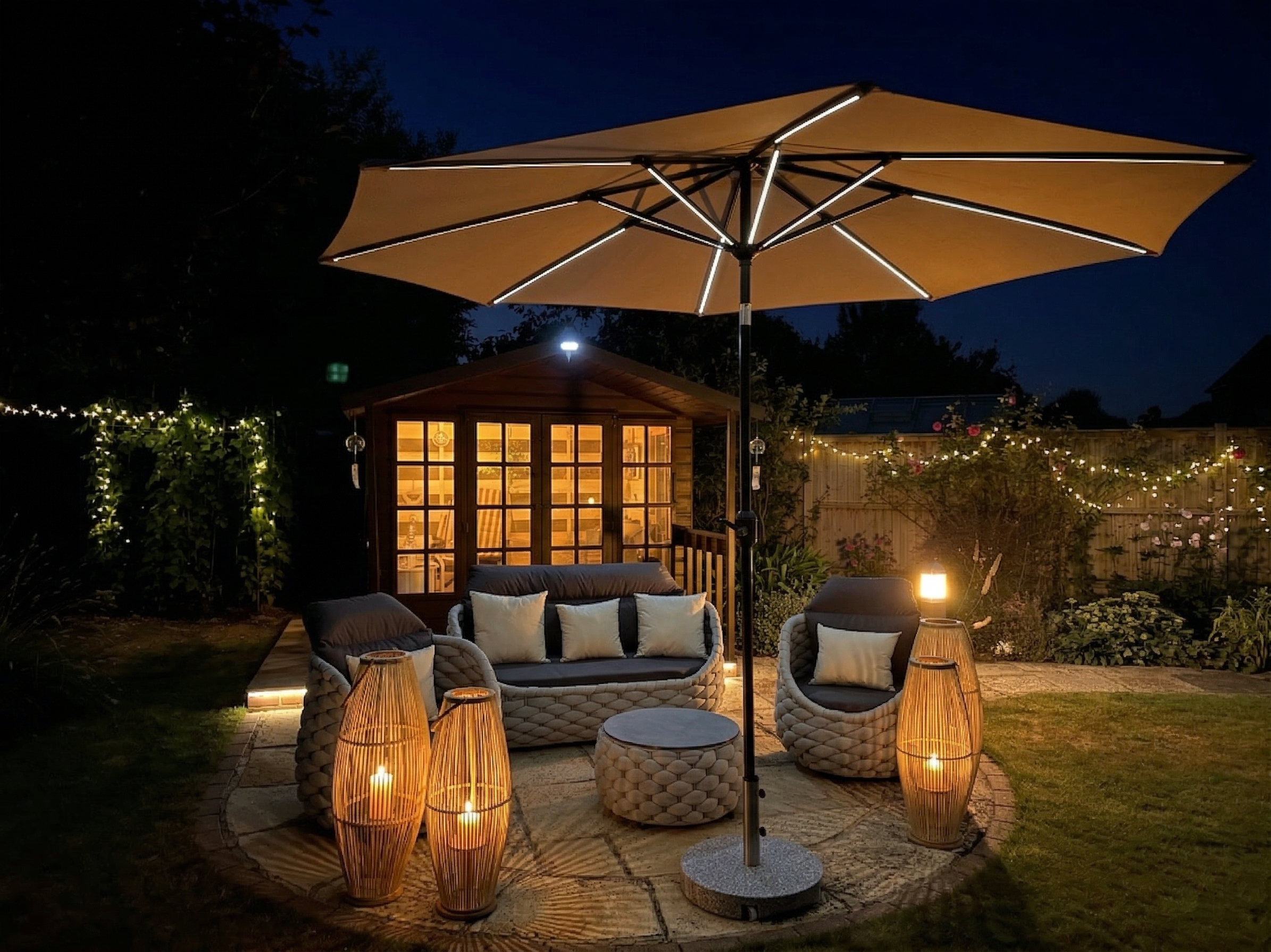 Softly lit garden paths and planting at dusk.