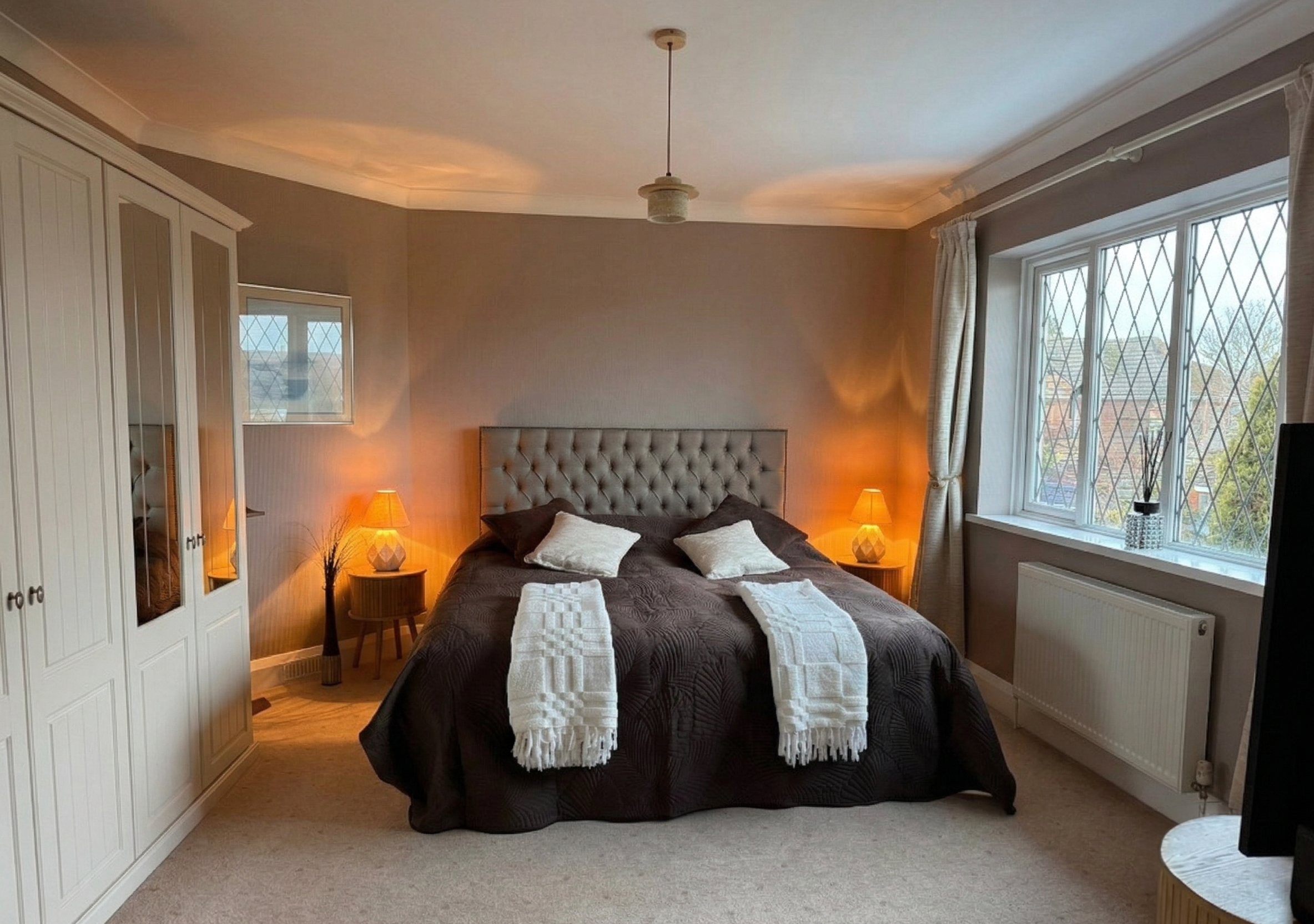 Close-up of the brand-new bedroom interiors and the upstairs lounge area.