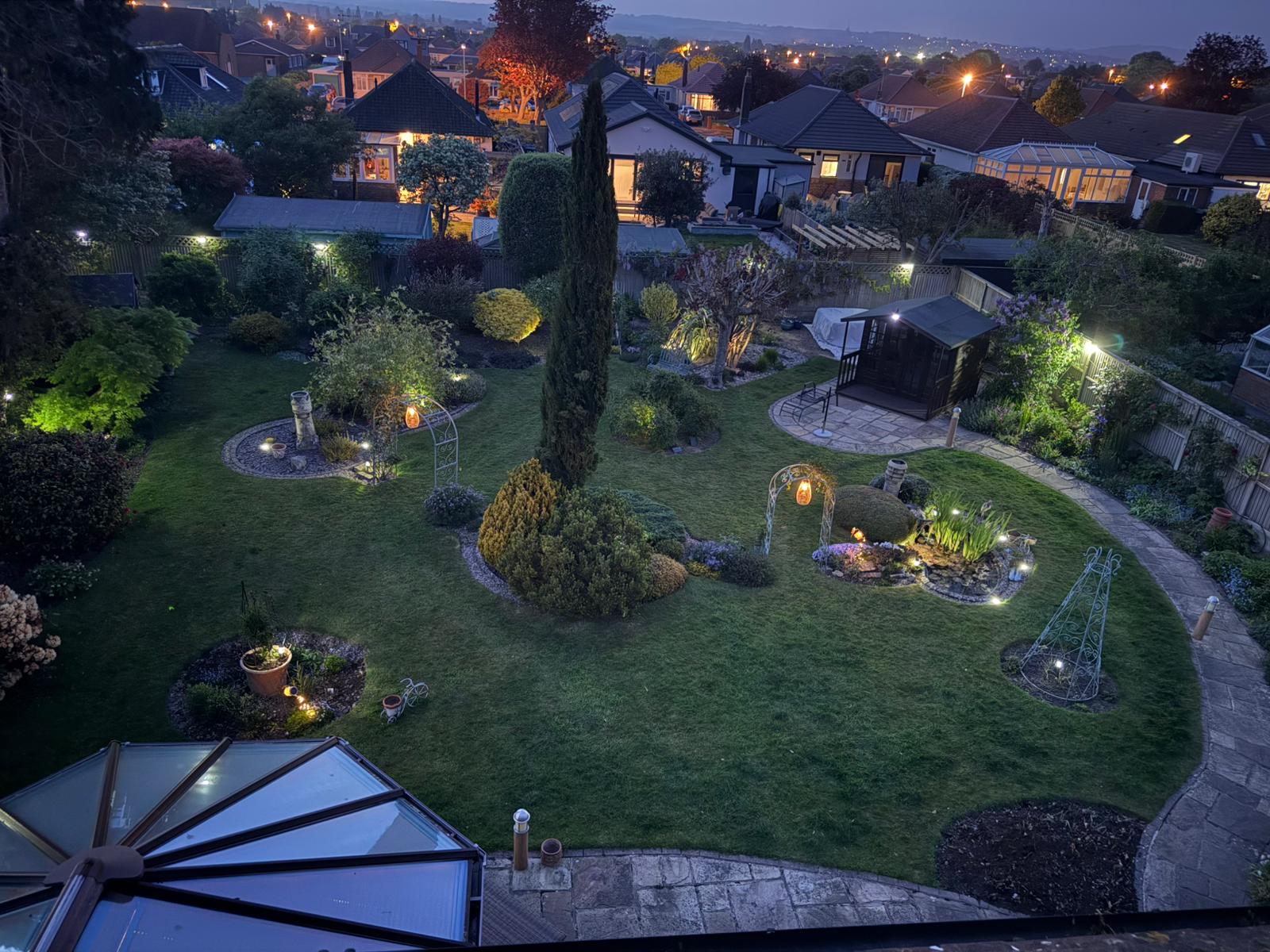 Aerial-style evening view of the Zen Garden grounds.